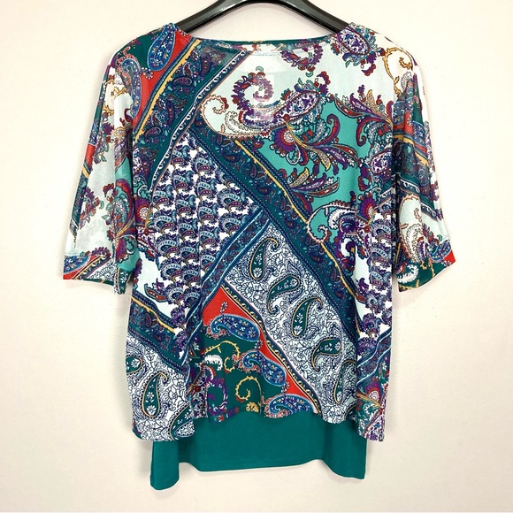 Chico’s Paisley Overlay Top Women’s Size M Boat Neck Short Sleeve Mesh Boat Neck - Picture 3 of 11